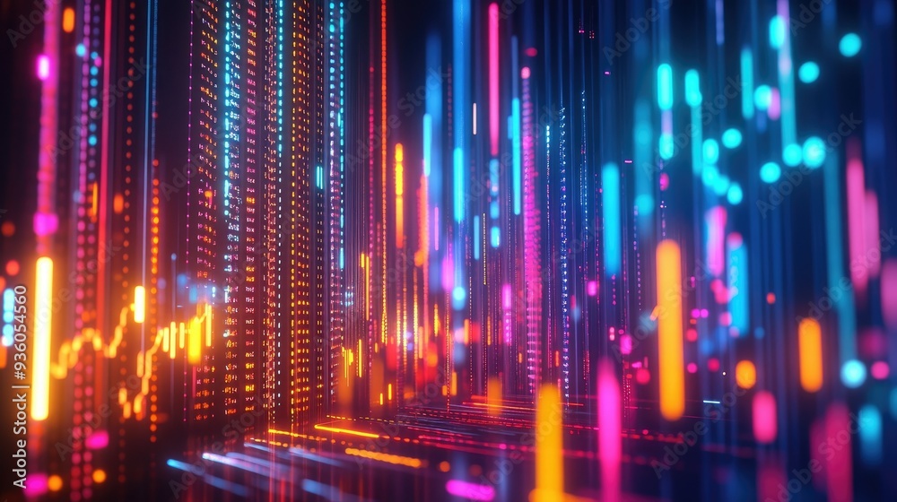 Poster vibrant 3d financial graph with abstract shapes and glowing elements illustrating data points. -
