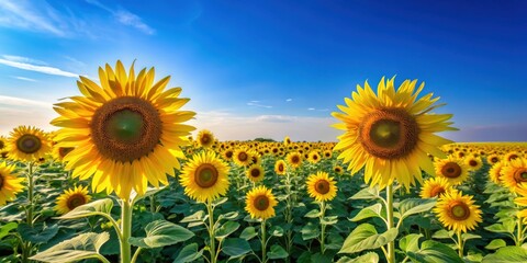 Obraz premium Vibrant sunflower field with clear blue sky in the background