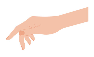 Finger pointing. Female hand, gesture, direction indicator. Isolated vector stock illustration.
