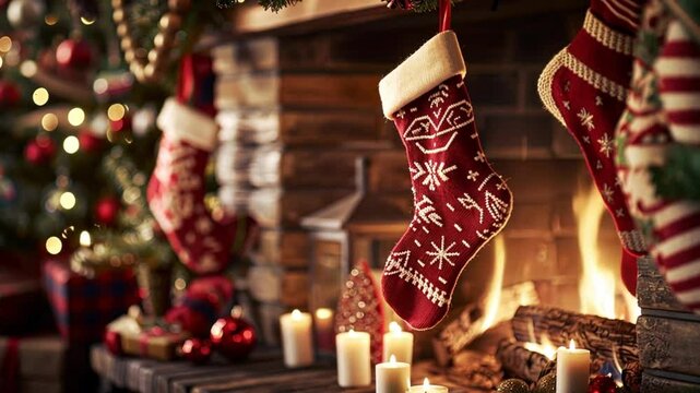 A close-up of Christmas socks, in which gifts for children are hidden on Christmas Eve, against the background of a fireplace in which a fire is burning. Merry Christmas concept