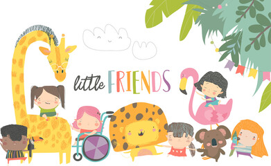 Cute children with cartoon animal. Happy friends