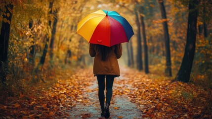 Obraz premium Woman with colorful umbrella walks in autumn forest, back view. The generation of AI
