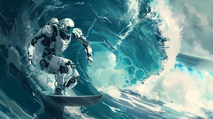 Robot Surfer Riding Wave: A robot surfer maintaining balance and grace while riding a massive wave.
