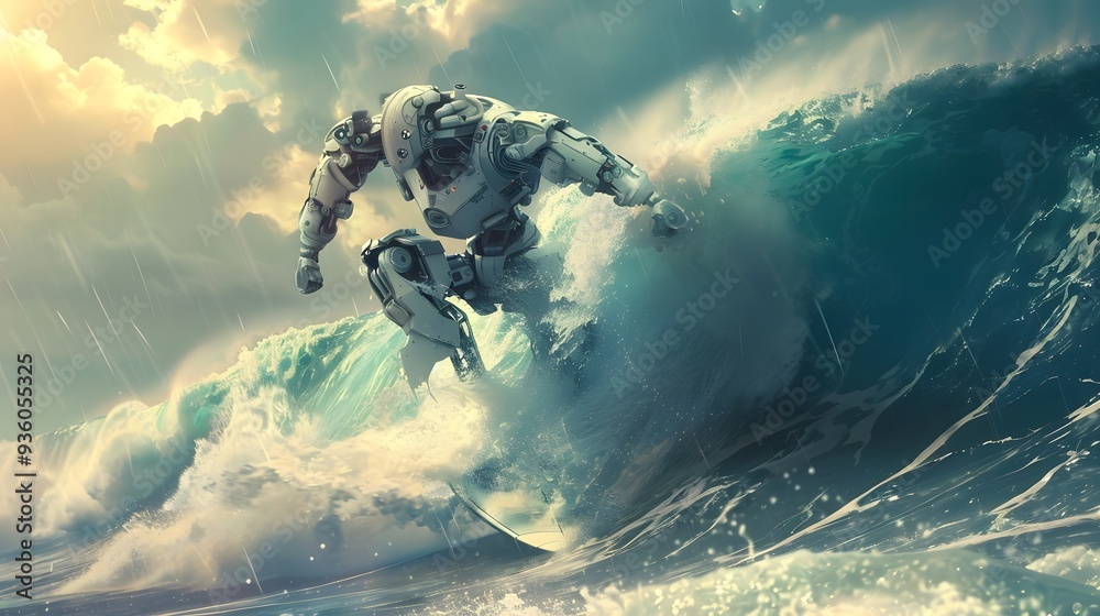 Wall mural robot surfer riding wave: a robot surfer maintaining balance and grace while riding a massive wave.