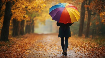 Obraz premium Woman with colorful umbrella walks in autumn forest, back view. The generation of AI