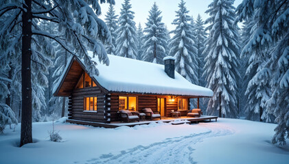 Cozy winter cabin in a snowy forest