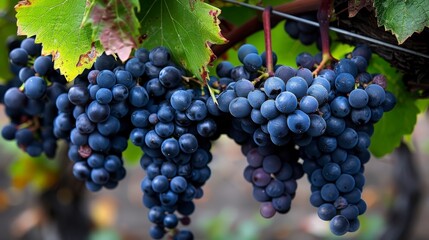 Fototapeta premium A close-up shot of a bunch of ripe red grapes hanging from a vine in a vineyard.
