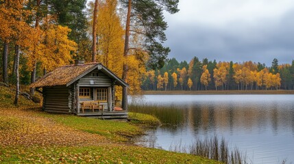 Autumn season, wooden house on the shore of the lake. The generation of AI