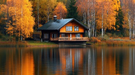 Autumn season, wooden house on the shore of the lake. The generation of AI