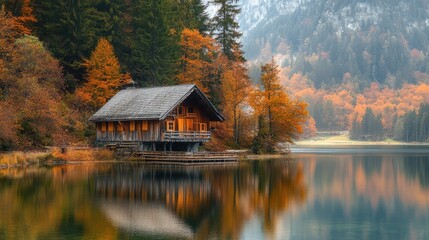 Autumn season, wooden house on the shore of the lake. The generation of AI