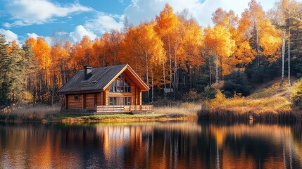 Fototapeta premium Autumn season, wooden house on the shore of the lake. The generation of AI