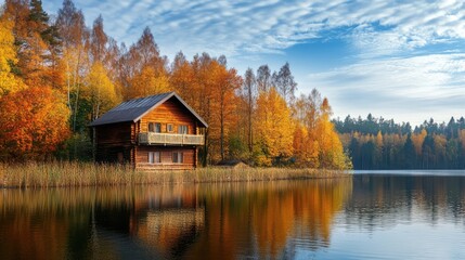 Obraz premium Autumn season, wooden house on the shore of the lake. The generation of AI