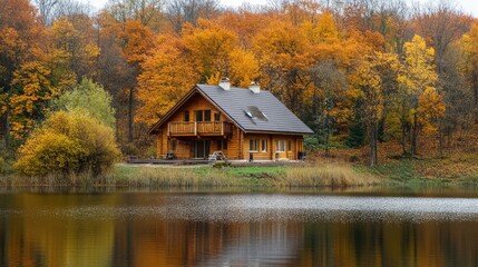 Autumn season, wooden house on the shore of the lake. The generation of AI
