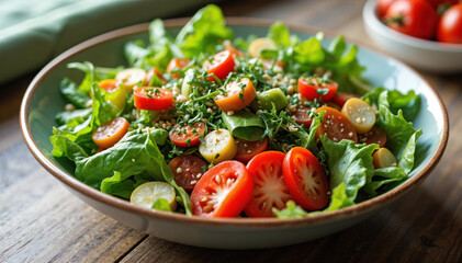 Healthy vegan salad bowl with fresh vegetables