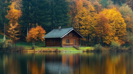 Fototapeta premium Autumn season, wooden house on the shore of the lake. The generation of AI