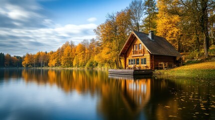 Obraz premium Autumn season, wooden house on the shore of the lake. The generation of AI