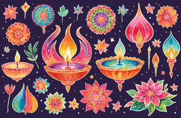 diwali festival watercolour illustration sticker 
