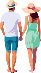 Young couple wearing summer clothes holding hands walking away-
