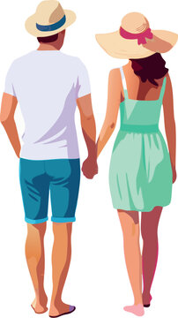 Young couple wearing summer clothes holding hands walking away-