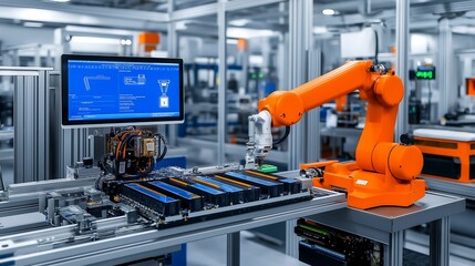Fototapeta premium High-precision automation in EV battery assembly, detailed engineering, factory interior, clear lighting, close-up, side angle, copy space for text