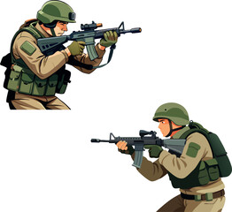 Two soldiers aiming with rifles during combat mission