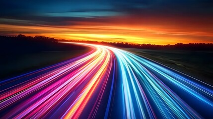 Highway Colorful Light Trails, Digital Marketing Speed Movement, Dark Blue Background, Orange-Toned Sunset Sky