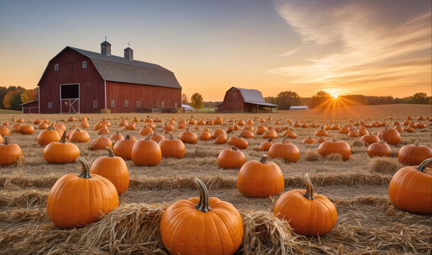 A field of pumpkins sits in front of a red barn at sunset