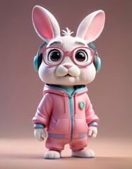 Cute cartoon bunny character in a stylish outfit and headphones, perfect for children's products, animations, or educational materials.