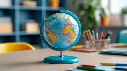 School classroom with a globe, maps, and geography lessons in progress.