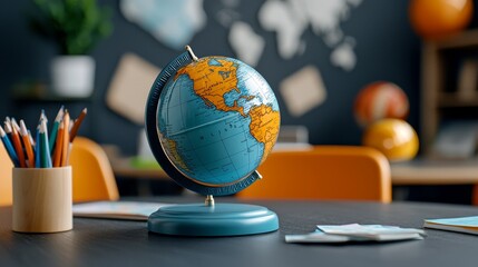 School classroom with a globe, maps, and geography lessons in progress.