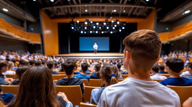 School assembly in an auditorium, students seated and a principal speaking on stage.
