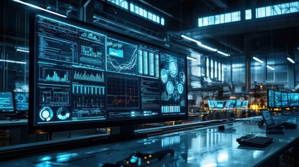 Fototapeta premium A digital twin of a factory floor displayed on a large monitor with real-time data streams and analytics showing predictive maintenance alerts in a high-tech industrial control room