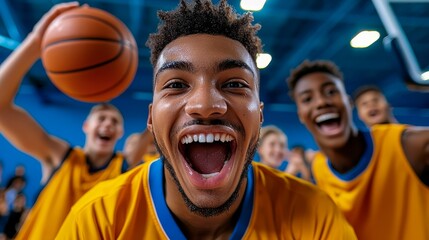 Students playing basketball in a school gymnasium, with spectators cheering.