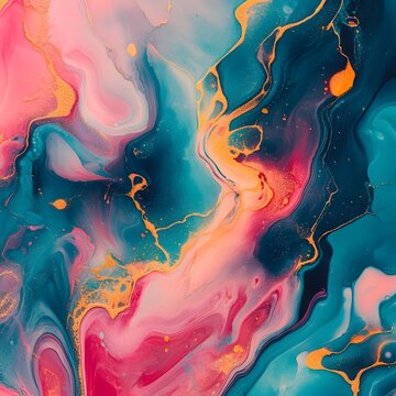Abstrakte Fluid Art &ndash; Flie&szlig;ende Farben in Pink, Blau und Gold