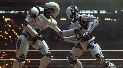 Robot Wrestler Grappling Opponent: A powerful robot wrestler in the midst of grappling its opponent.
