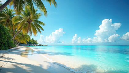 Tropical beach paradise with palm trees and crystal-clear water