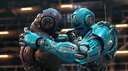 Fototapeta premium Robot Wrestler Grappling Opponent: A powerful robot wrestler in the midst of grappling its opponent. 