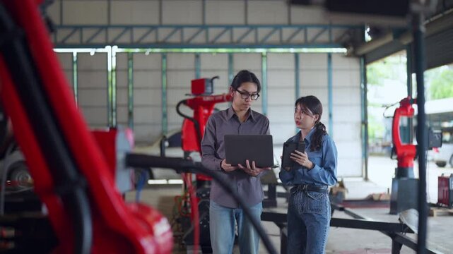Two engineers collaborating in an industrial workshop, using a laptop and discussing work, surrounded by red robotic machinery.