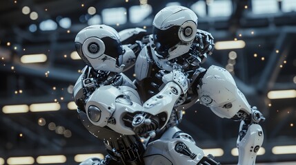 Fototapeta premium Robot Wrestler Grappling Opponent: A powerful robot wrestler in the midst of grappling its opponent. 