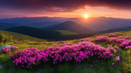 Fototapeta premium Sunrise Over Mountain Range with Blooming Flowers