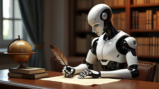 artificial intelligence robot writes with a feather pen	