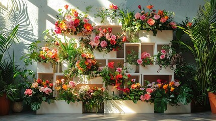 Colorful flowers in white planters on a wall background, blending vibrant blooms with simple, elegant planters for a fresh and inviting display.