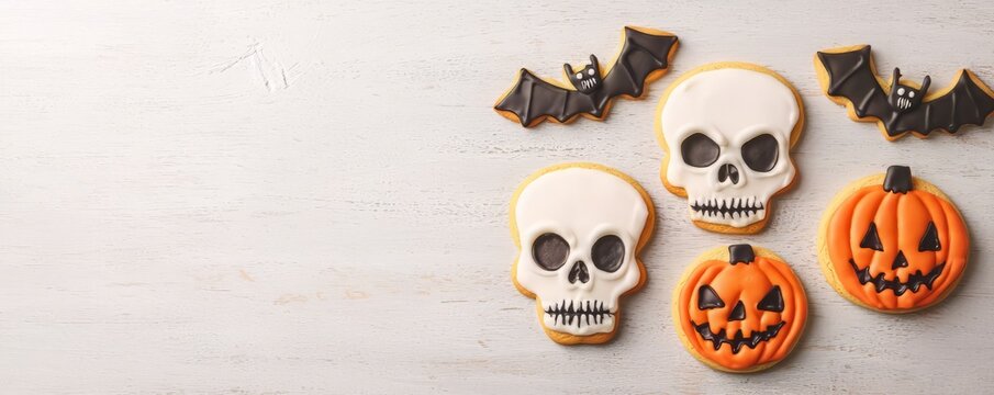 Festive Halloween cookies featuring skull and pumpkin designs, perfect for spooky celebrations and themed parties.
