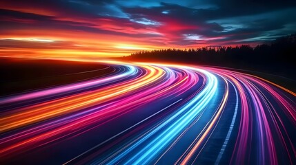 Highway Colorful Light Trails, Digital Marketing Speed Movement, Dark Blue Background, Orange-Toned Sunset Sky