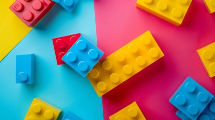 Buildable colored plastic blocks to play isolated on colorful background