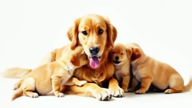 C&atilde;o domestico da ra&ccedil;a golden retriever  com seus filhotes 4k