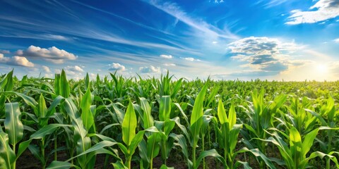 Lush corn field in spring with vibrant green stalks and blue sky in the background