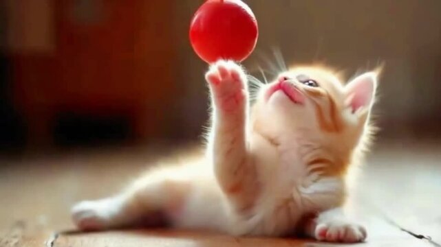 Filhote de gato domestico brincando cum uma bola vermelha.