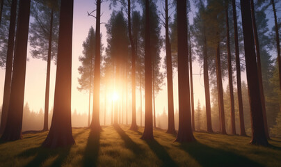 Fototapeta premium The sun shines through the tall trees of a misty forest