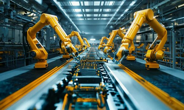 Video of a High-Tech Factory Assembly Line with Robotic Arms and Bright Yellow Machines